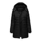 Mid-length quilted parka with hood, black zip-front and buttoned shoulder tabs