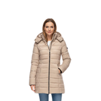 Mid-length quilted parka with hood, beige zip-front and flap shoulder buttons