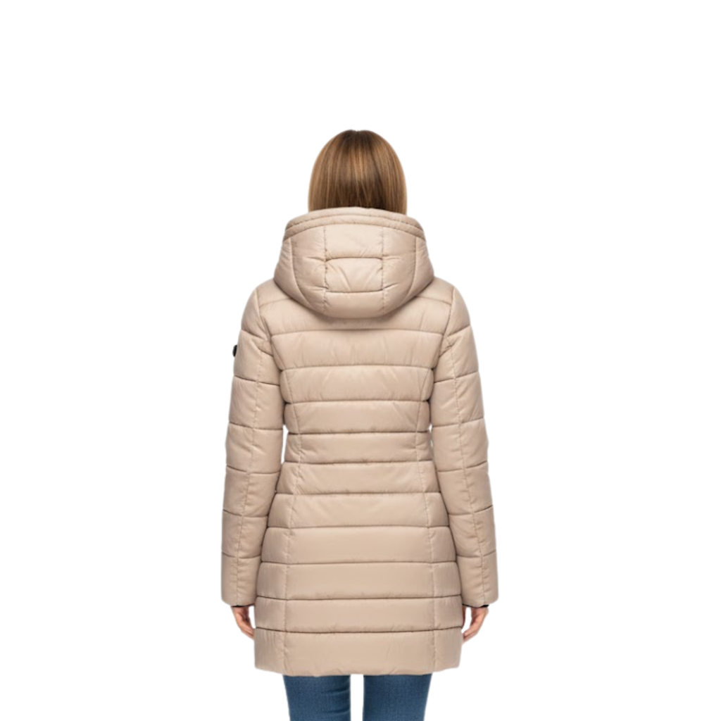 Mid-length quilted parka with hood, beige back view