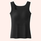 Black tank top with integrated bra, square neckline and wide shoulder straps