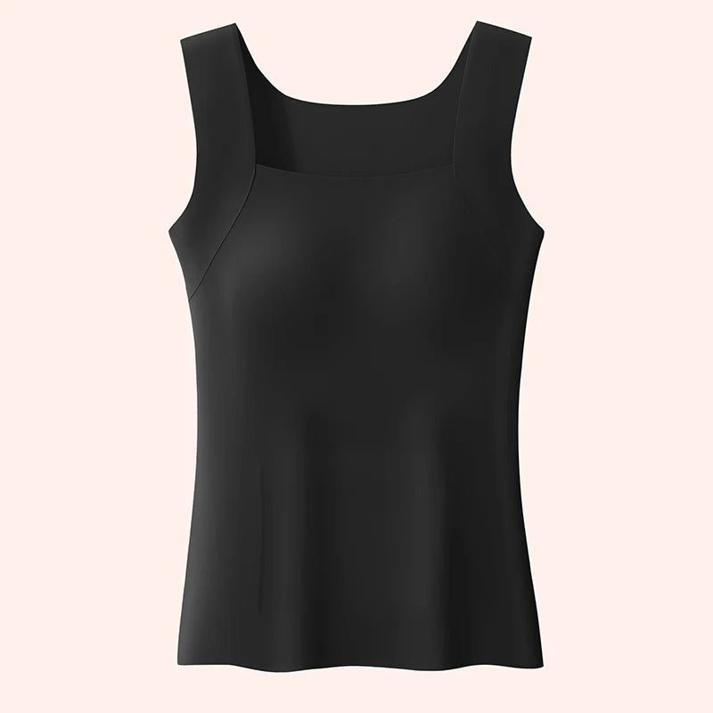 Black tank top with integrated bra, square neckline and wide shoulder straps