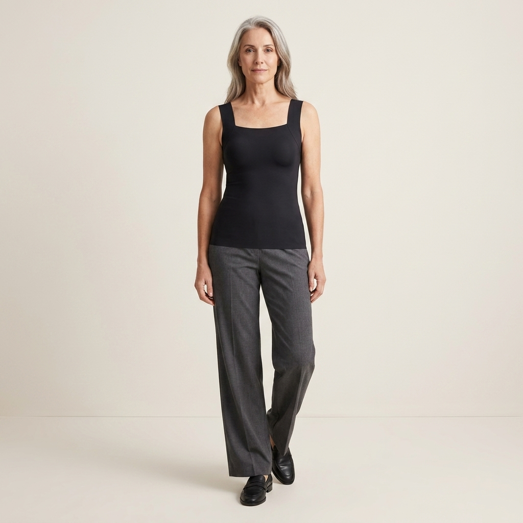 Black bra tank top with built-in support, slim fit, square neckline