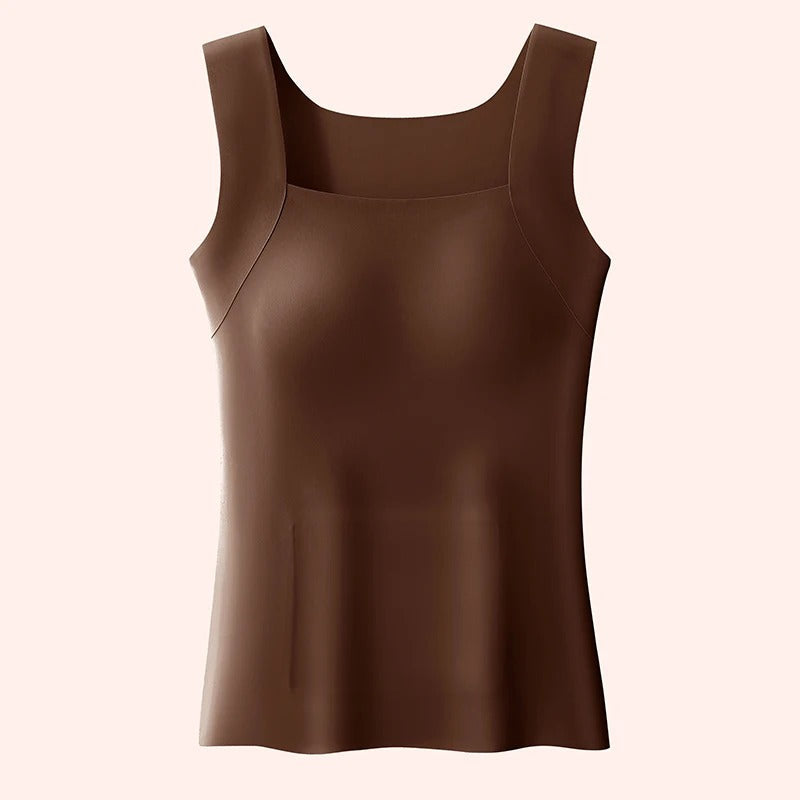 Brown tank top with integrated bra, square neckline and wide shoulder straps