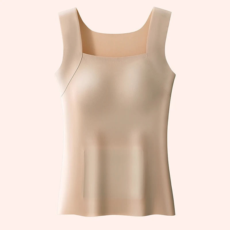 Beige tank top with integrated bra, square neckline and wide shoulder straps