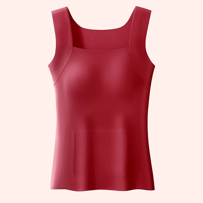 Red tank top with integrated bra, square neckline and wide shoulder straps