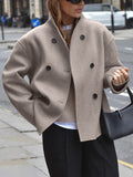Taupe women's double-breasted pea coat with dark buttons and notched lapels
