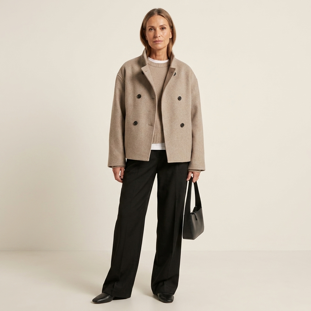 Taupe women's double-breasted pea coat with stand collar and button front, relaxed fit
