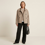 Taupe women's double-breasted pea coat with stand collar and button front, relaxed fit