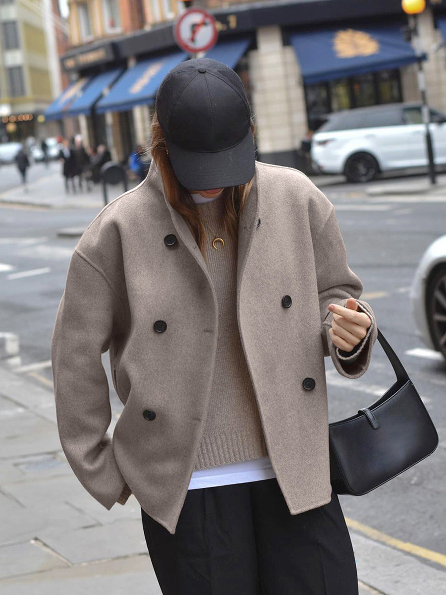 Taupe women's double-breasted pea coat, dark buttons and front placket detail