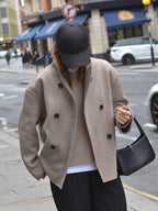 Taupe women's double-breasted pea coat, dark buttons and front placket detail