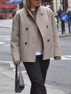 Taupe women's double-breasted pea coat with dark buttons and clean front opening