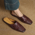 Women’s brown leather mules, woven square pattern slip-on loafers with low heel
