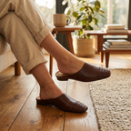 Brown woven leather slip-on mules with arc vamp, low heel