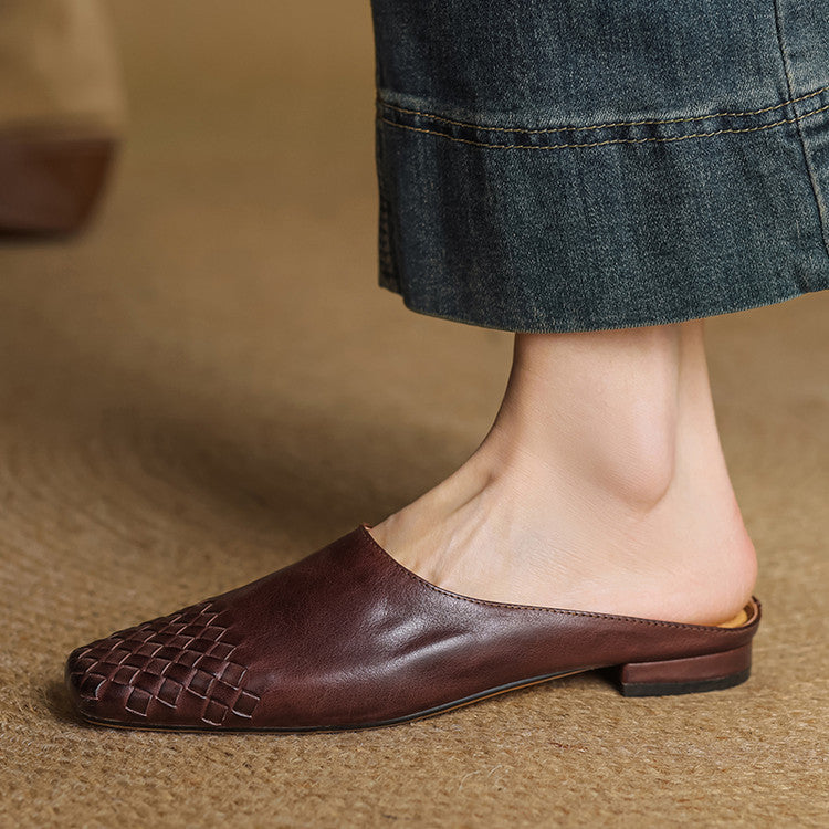 Women’s brown leather mule on foot, woven square toe pattern and low block heel