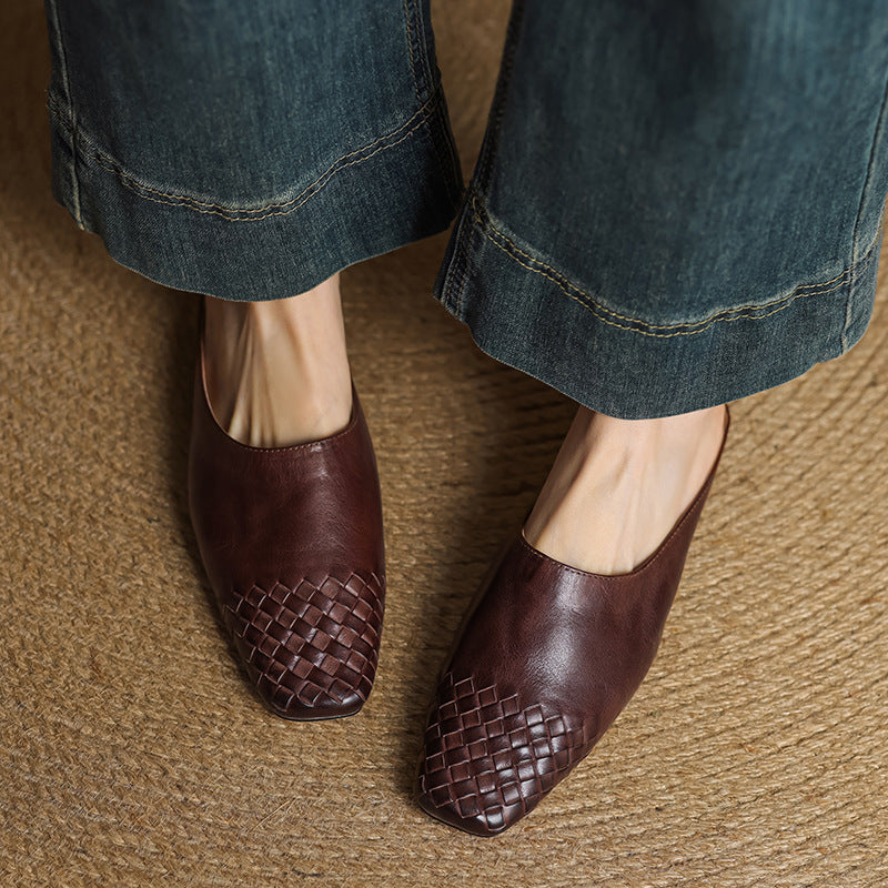 Women’s brown leather mules with woven square toe detail and low heel
