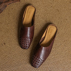 Women’s brown leather slip-on mules, woven square toe pattern and cushioned insole