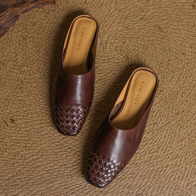 Women’s brown leather slip-on mules, woven square toe pattern and cushioned insole