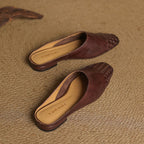 Women’s brown leather mules, slip-on woven toe design with low heel