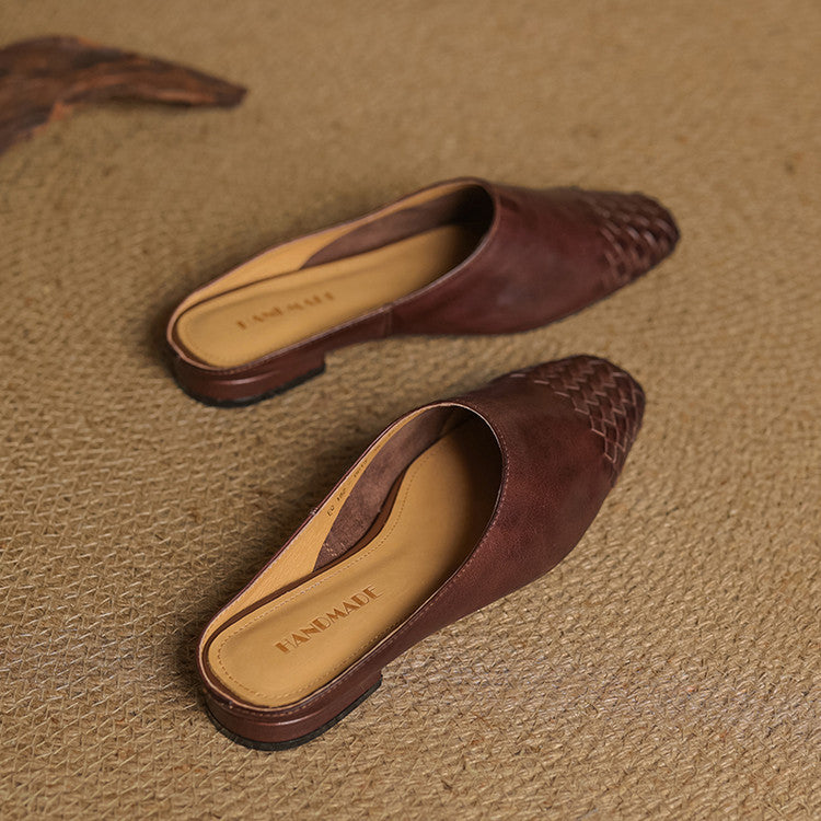 Women’s brown leather mules, slip-on woven toe design with low heel