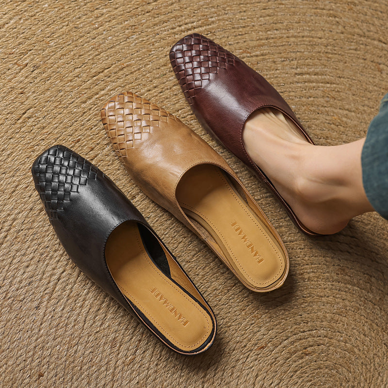 Leather mules in black, tan, and brown, woven square toe pattern slip-ons