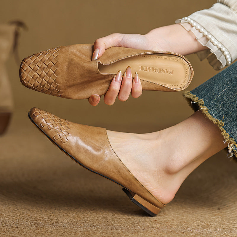 Women’s apricot leather mule, slip-on woven toe design with low heel