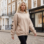 Women’s khaki hooded fleece-lined jacket with front pocket, relaxed fit