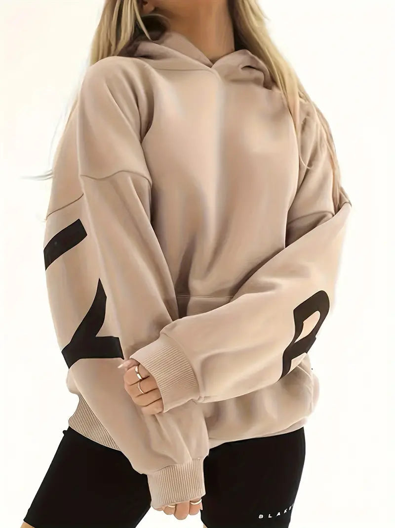 Women’s khaki hooded jacket with black sleeve graphic and ribbed cuffs