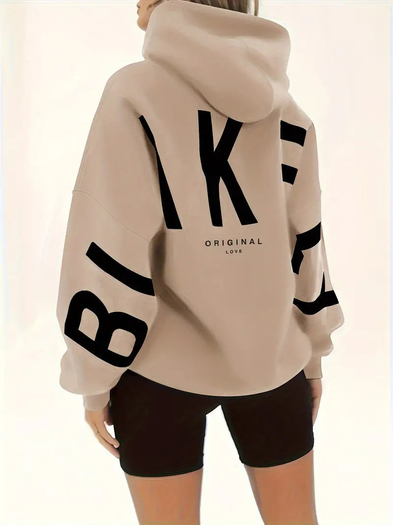 Women’s khaki hooded jacket with black K graphic and LOVE text on back
