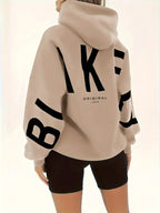 Women’s khaki hooded jacket with black K graphic and LOVE text on back