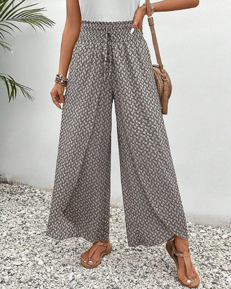 Women’s smocked waist palazzo trousers, dark gray patterned wide-leg pants