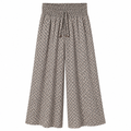 High-waist wide-leg palazzo trousers, elastic waistband, dark geometric print