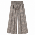 High-waist wide-leg palazzo trousers, elastic waistband, dark geometric print
