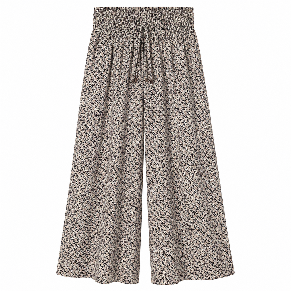 High-waist wide-leg palazzo trousers, elastic waistband, dark geometric print