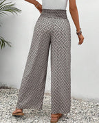 Women’s smocked waist palazzo trousers, dark gray mini-print wide-leg pants