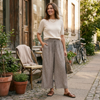 Women’s high-waist palazzo trousers with elastic waistband and geometric print, wide-leg