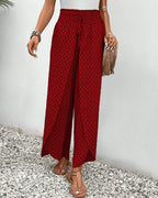 Women’s smocked waist palazzo trousers, red mini-print wide-leg pants