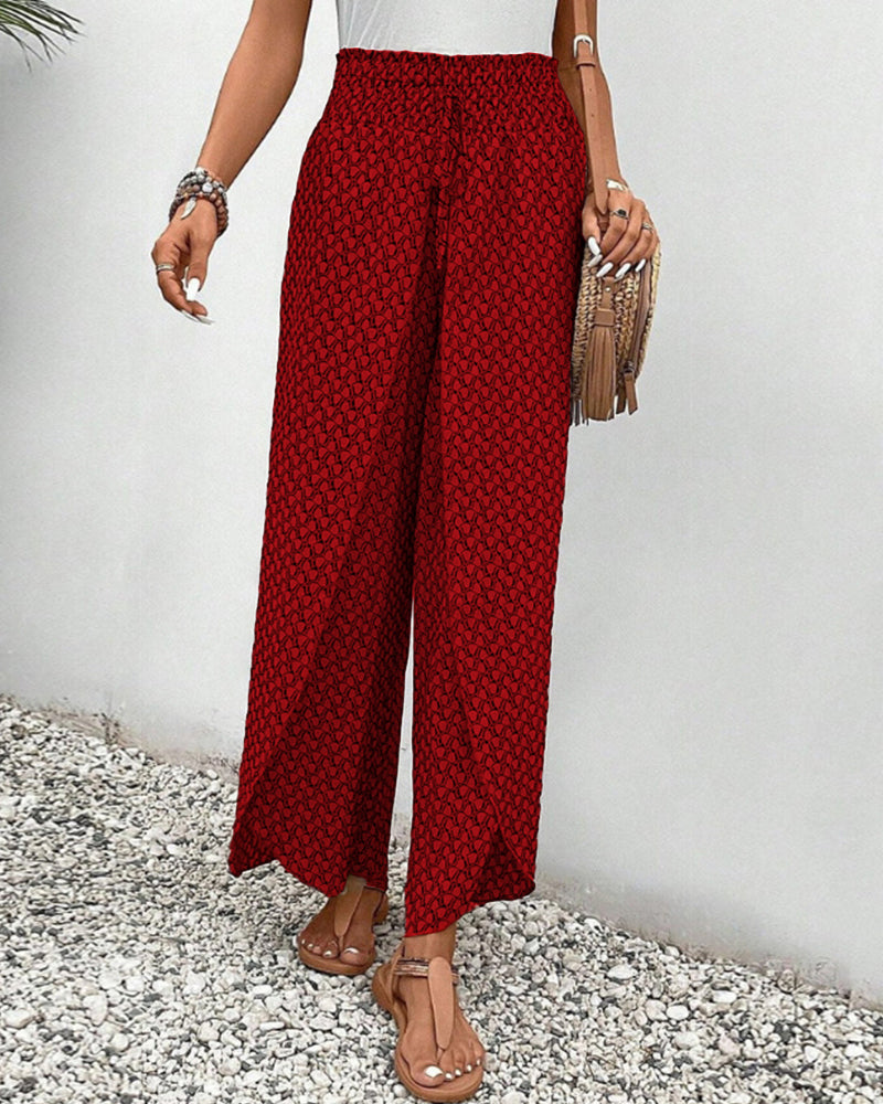 Women’s smocked waist palazzo trousers, red mini-print wide-leg pants