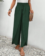 Women’s smocked waist palazzo trousers, green mini-print wide-leg pants