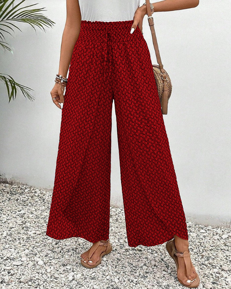 Women’s smocked waist palazzo trousers, red patterned loose wide-leg pants