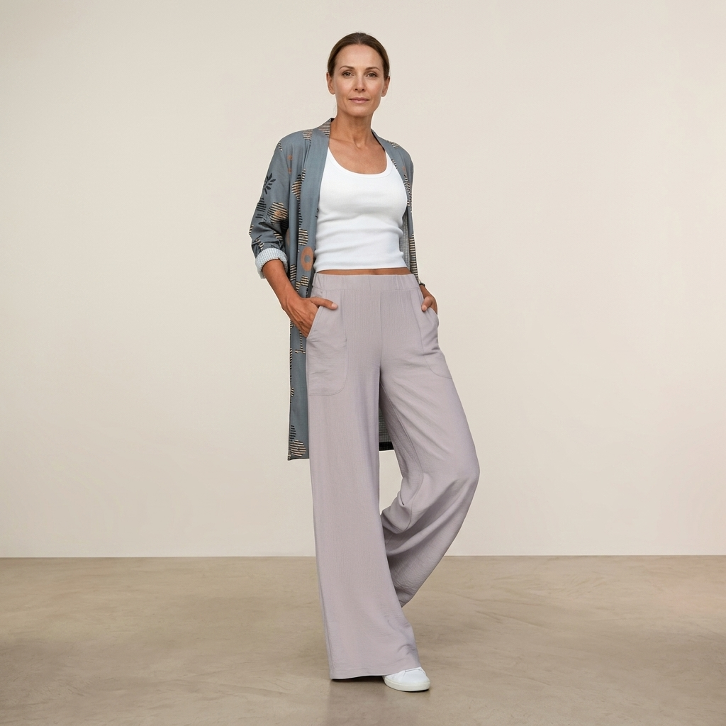 Women's light grey wide-leg trousers with elasticated waist, relaxed fit