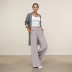 Women's light grey wide-leg trousers with elasticated waist, relaxed fit