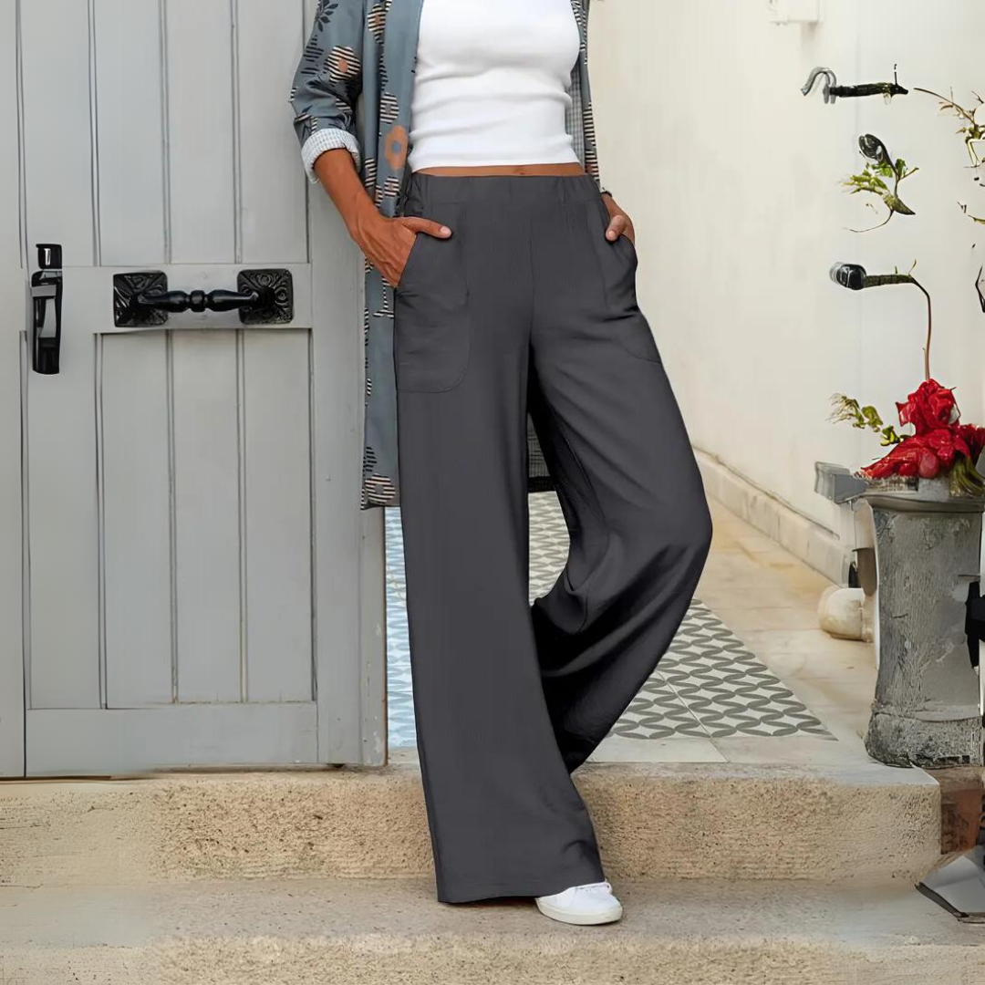 Dark gray relaxed wide-leg trousers with side pockets and relaxed straight fit.