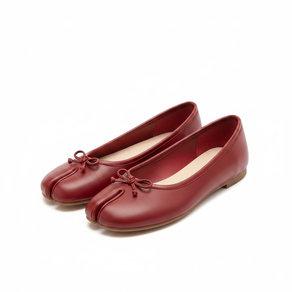 Women's split-toe ballet flats in crimson red with lace micro-bow detail, slip-on flat