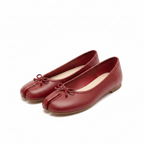 Women's split-toe ballet flats in crimson red with lace micro-bow detail, slip-on flat