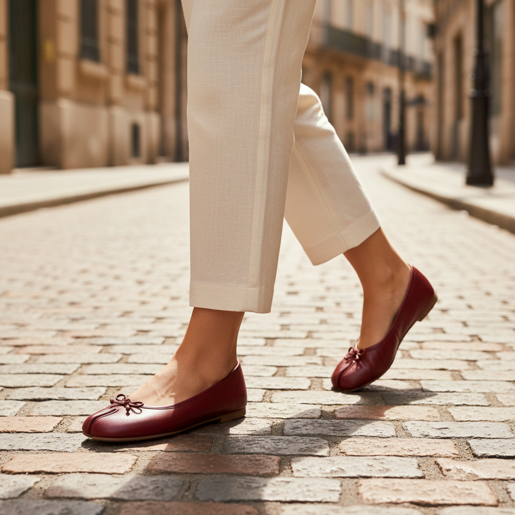 Women's split-toe ballet flats in crimson red on cobblestone, micro-bow slip-on flat heel