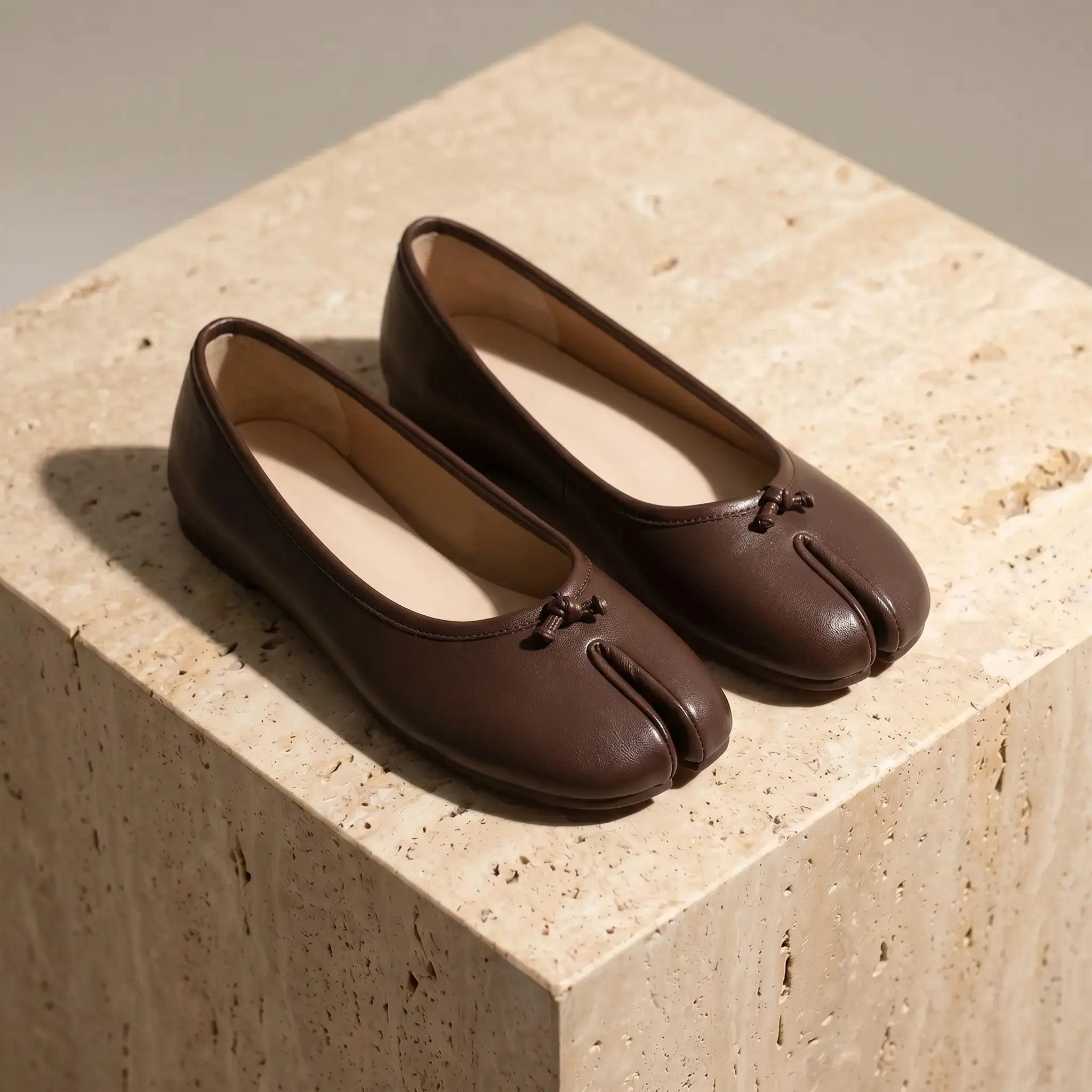 Women's split-toe ballet flats in mocha brown with micro-bow detail, flat slip-on