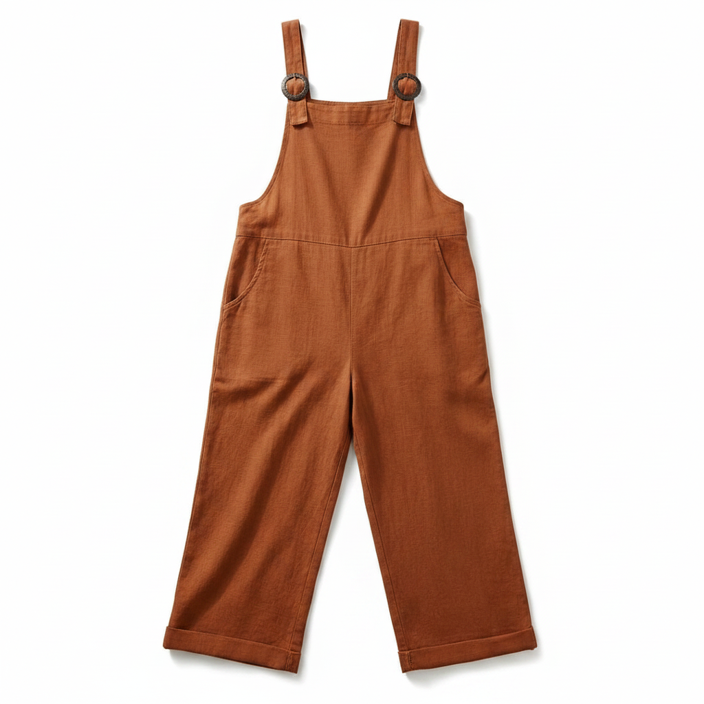 Terracotta red wide-leg overalls with adjustable buckle straps and front bib pocket