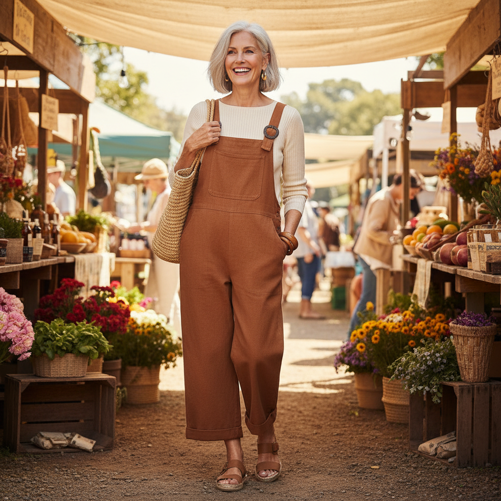 Terracotta red wide-leg overalls with adjustable buckle straps, relaxed fit over a top
