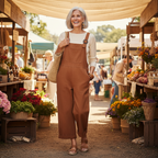 Terracotta red wide-leg overalls with adjustable buckle straps, relaxed fit over a top