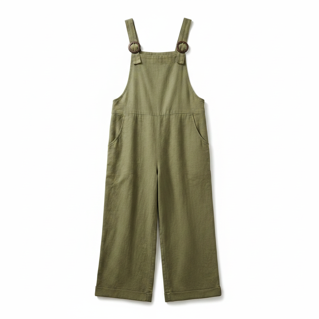Olive green wide-leg overalls with adjustable buckle straps and front bib pocket